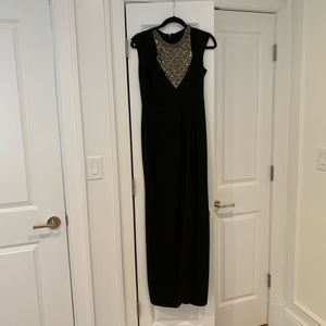 Parker long black gown with large front bead gold and silver detail and cut out